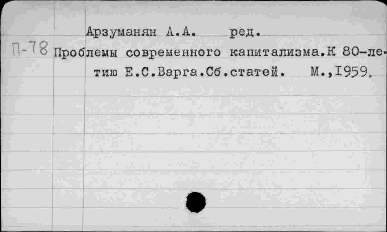 ﻿Арзуманян А.А. ред.
Проблемы современного капитализма.К 80-ле тию Е.С.Варга.Сб.статей. М.,1959.